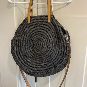 Black round straw tote bag